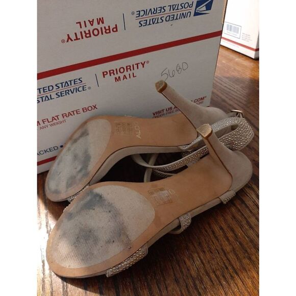 7.5 Aldo Tan Studded Embellished Open Toe Strappy High Heel Dress Shoes Stiletto - Picture 10 of 10